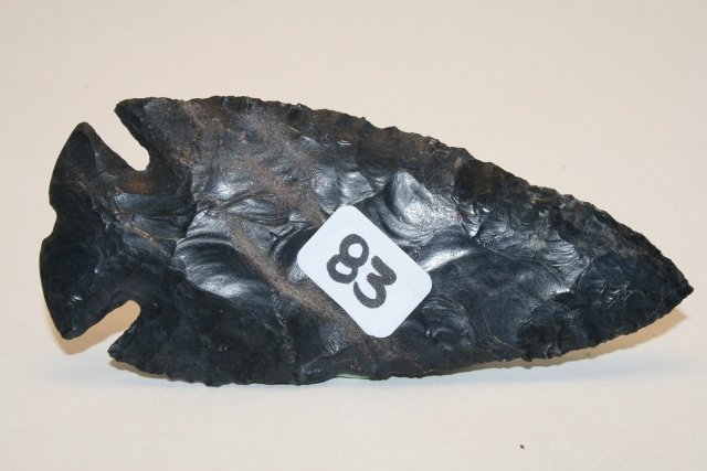 Notched Base Dovetail Point: 4” Notched Base Dovetail Point of Black Flint, Nice! Rausch Coll.