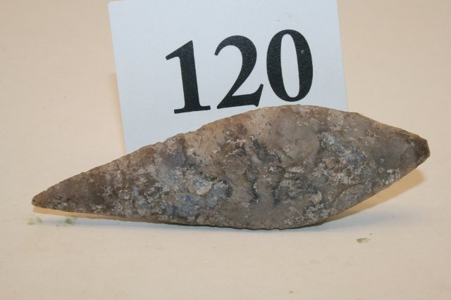 Chipped Point: 3 3/8” Finely Chipped Point of Translucent Chalcedony Heavily incrusted surface – Guatamalla Calf. Has a C.O.A.