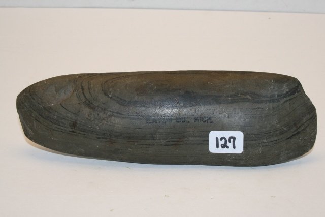 7” Banded Slate Celt: 7” Banded Slate Celt – Eaton Co. Michigan, Ex. Donald Boudeman Coll. – chip to bit