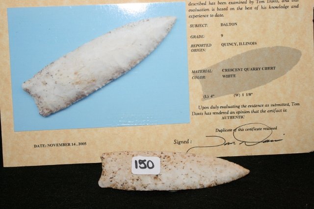 Dalton Point of Crescent Quarry Chert: 4” Dalton Point of Crescent Quarry Chert, Quicy Ill., has Davis Grade 9 C.O.A.