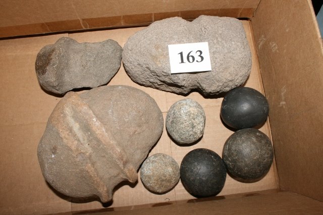 Group of Stone Tools: Group of Stone Tools including Axe, 5 Game Balls, 2 Natural Formations