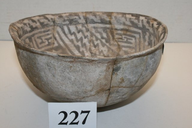 Anasazi Flared Lip Bowl: 8” x 4” Anasazi Flared Lip Bowl, Broken & Glued, Tusayan Whiteware, Black on white, found by Marion Knott in the 1930’s – 1940’s near Flagstaff Arizona, great design