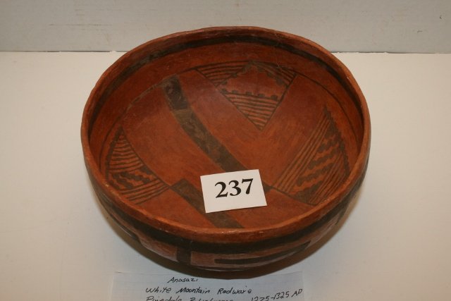 Black on red White Mountain Redware: 8” x 3 ¾” Broken & Glued Anasazi Black on red White Mountain Redware, Pine Date Polychrome 1275-1325 A.D.
