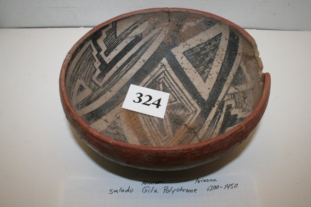 Anasazi Salado Bowl: 7 ¾” x 3 ¼” Anasazi Salado Bowl – broken, glued, one piece missing Gila, Polychrome
