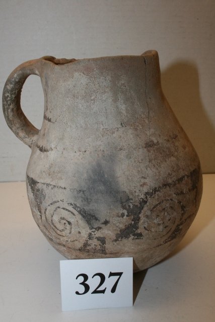Anasazi Pitcher: 7” x 6 ½” Anasazi Pitcher, Broken & glued piece missing black on white Tusayan Black Mesa? Ex. Shipley and Strack Coll.