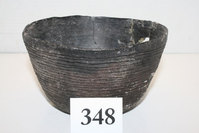 Incised Pottery Utilitarian Bowl: 6” x 3 ½” S.W. Incised Pottery Utilitarian Bowl – broke, glued very thin wall bowl, pieces missing, Ex. Shipley – Strack Coll.