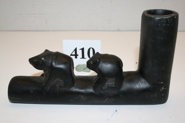 Effigy 2 Bears Elbow Pipe: 6 ½” x 3 ½” Effigy 2 Bears Elbow Pipe – Black Steatite