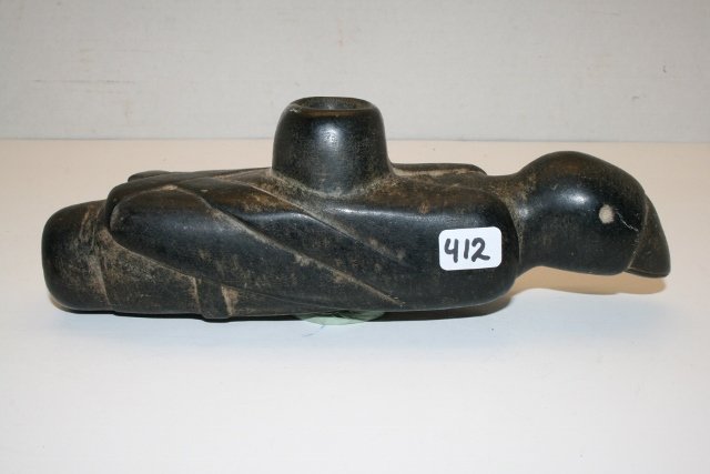 Raven “Great Pipe” Steatite: 8 1/8” x 2 ½” Raven “Great Pipe” Steatite, expertly carved, looks old but age uncertain