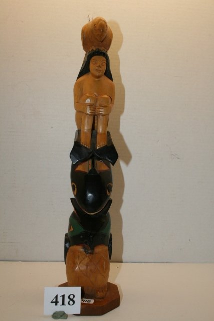 Carved Polychrome Cedar Totem Pole: 16 ¾” Carved Polychrome Cedar Totem Pole – Alaska, Nice!