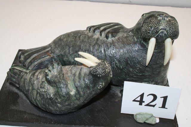 Soapstone Walrus: 7” x 3 ¾” x 4 3/8” Soapstone Walrus –a Wolf Creation
