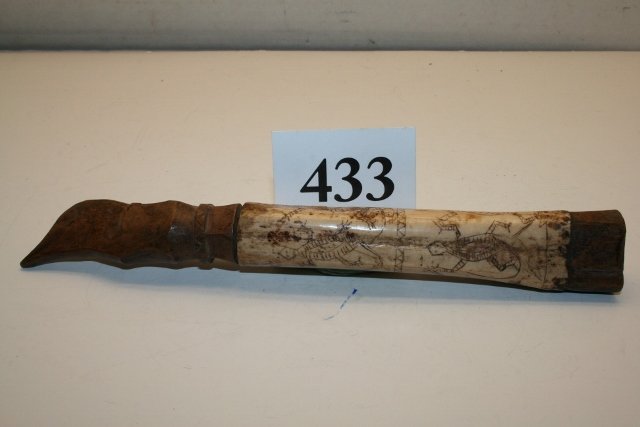 Bone Needle or Match Case: 8 1/8” x 1 ¼” Bone Needle or Match Case, several Lizards and a carved Bird Head plus – shows age