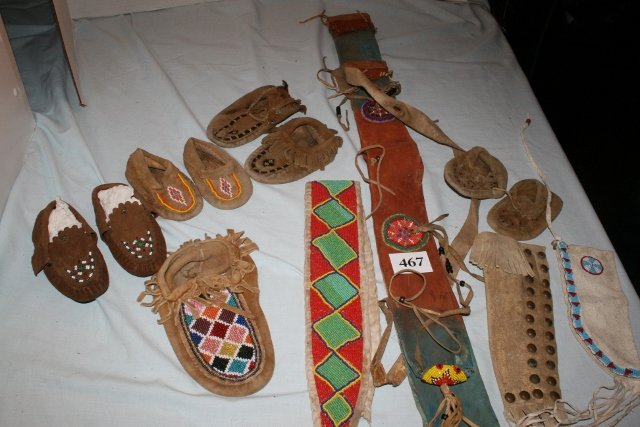 4 pr. Moccasins Beaded Knife Sheath: 4 pr. Moccasins Beaded Knife Sheath, leather, tacked sheath leather bow arrow Quiver Case, Beaded Belt – all contemporary
