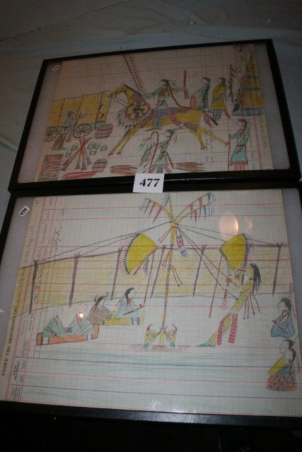 2 Ledger Drawings: 2 Ledger Drawings 16 ¾” x 13 ½” – circa 1900’s, Sioux Camp Life and ceremonial Sundance View