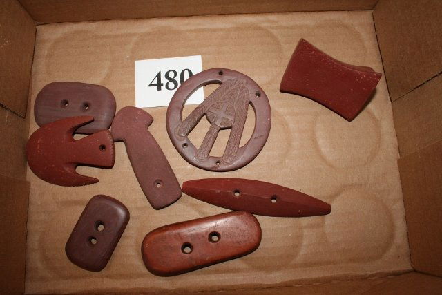 8 Catlinite Pendants, Gorgets: 8 Assorted Catlinite Pendants, Gorgets, Banner – age uncertain – largest 4 1/8”