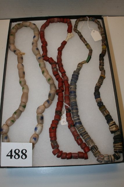 3 Strands Trade Beads: 3 Strands Trade Beads – 1 catlinite, 1 sand cast, 1 glass – longest 28”
