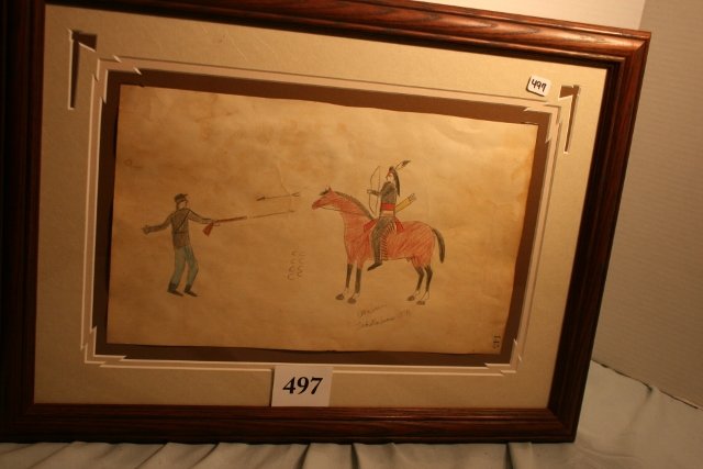 Ledger Drawing Lakota Sioux: 8” x 13 ¾” Ledger Drawing Lakota Sioux, 1894 Signed, War Scene – Ex. Vietzen Museum