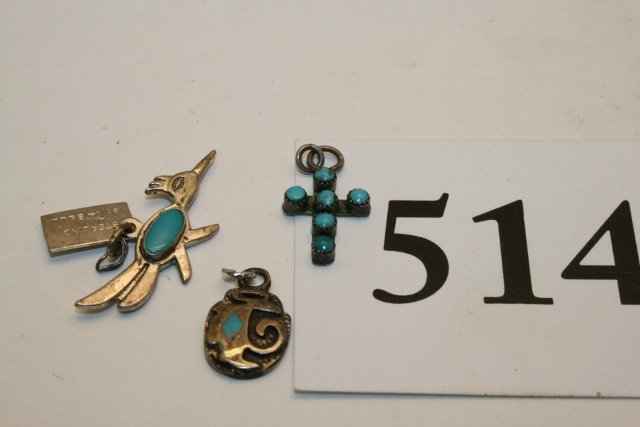 3 Silver Miniature Navajo Silver Pendants: 3 Silver Miniature Navajo Silver Pendants, cross, roadrunner – bird