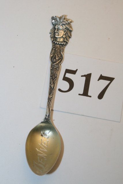 Sterling Silver Souvenir Spoon: 4” Sterling Silver Souvenir Spoon with Indian and Lodge with arrows and corn engraved, Denver dated 10.04.16