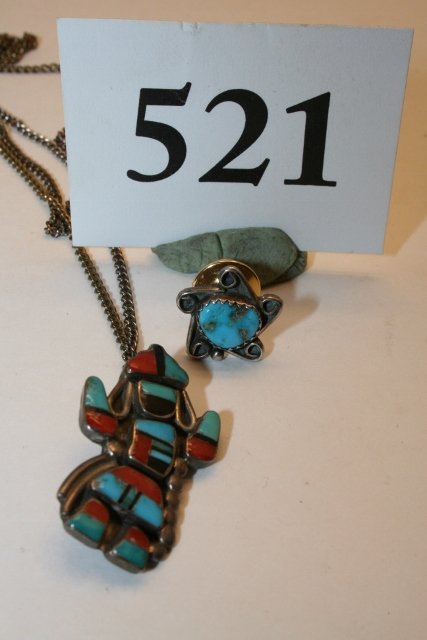 2 pcs. Silver Turquoise Tie Tac: 2 pcs. Silver Turquoise Tie Tac, and 1 ¼” Turq. – Coral – Silver Pin or pendant – 24” silver chain