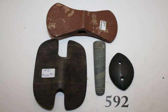2 Bannerstones, 1 small gorget: 4 Contemporary Artifacts including 2 Bannerstones, 1 small gorget and an engraved slate piece