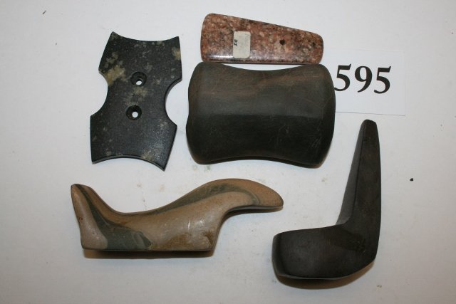 Birdstone, 2 Bannerstones, Pendant: 5 Contemporary Artifacts including Birdstone, 2 Bannerstones, Pendant and a gorget – largest 4”