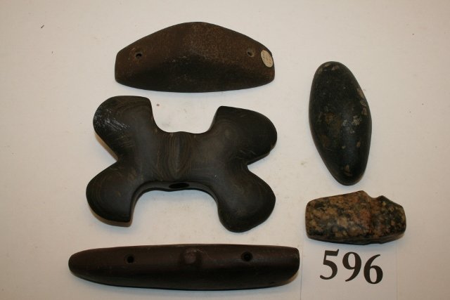 Bannerstone, 2 Boatstones, gorget: 5 Contemporary Artifacts including Bannerstone, 2 Boatstones, gorget, and a miniature axe – largest 4 ½”