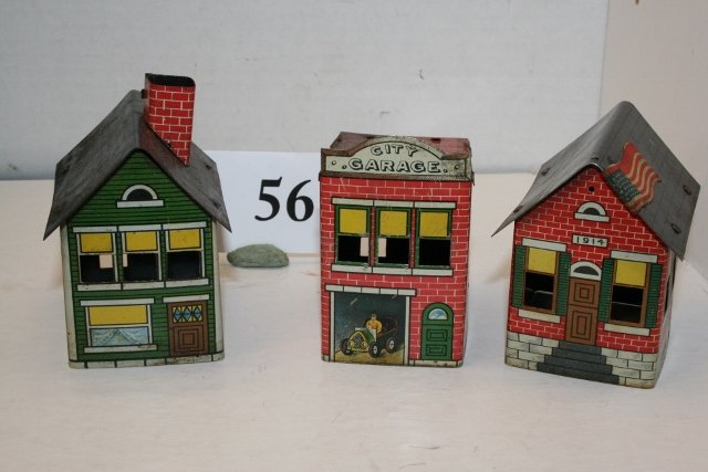 School House with flag, City Garage: School House with flag, City Garage, 2 Story House Candy Container, no inserts, no closure