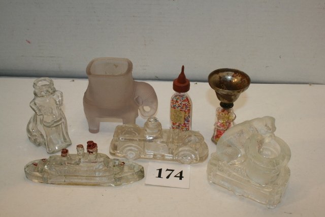 Elephant, Dog with Top Hat: Elephant, Dog with Top Hat “Toothpick Holder” Battleship, Fire Engine, Baby Bottle, Dog with bell, Clear Dog Candy Containers