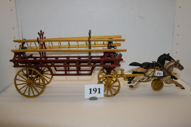 Hubley Ladder 2 Horse: Hubley Ladder 2 Horse with 2 man wood ladders, one rack mismatched color, white horse has rust, 80%