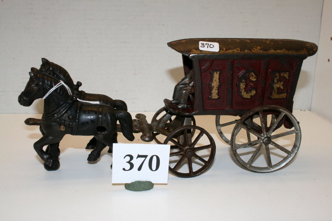 Arcade 2 Horse Ice Wagon: Arcade 2 Horse Ice Wagon, hook on front wheel to attach to back missing – 50% paint