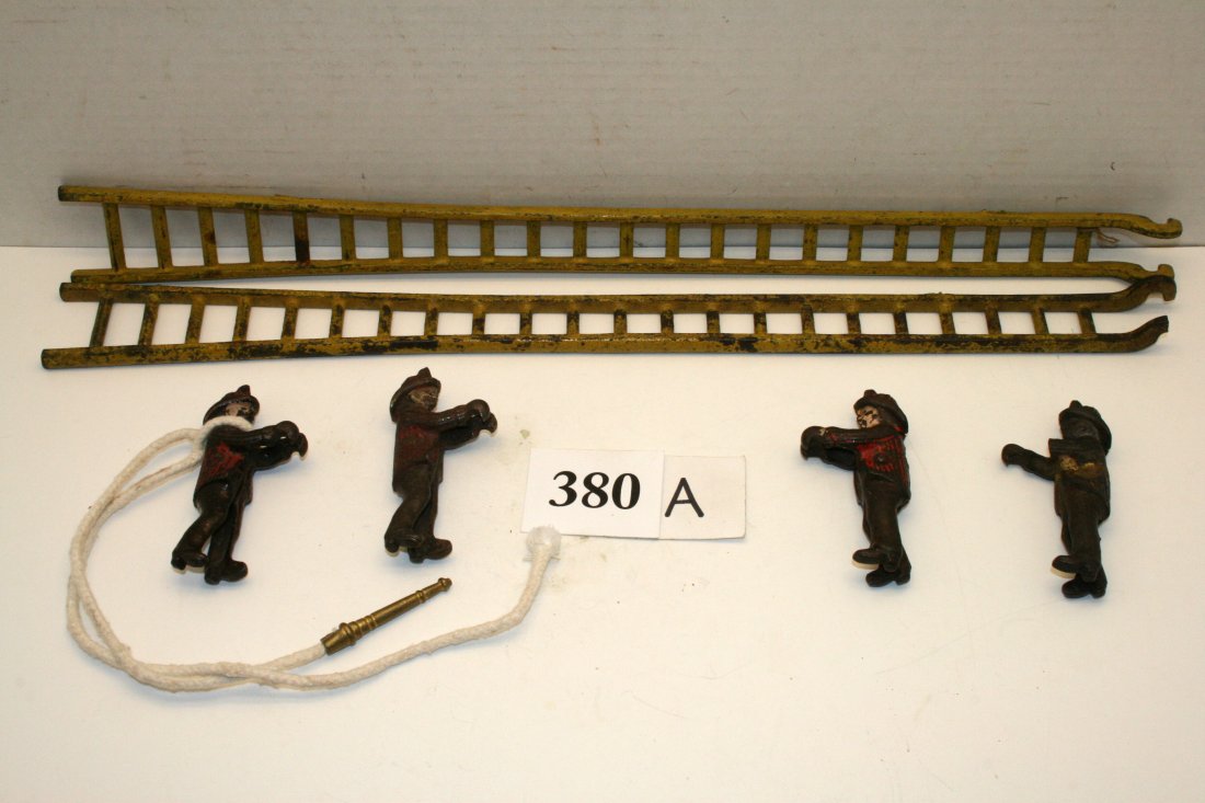 Ives Ladder Toy with 3 Ives Firemen, Hose: Complete Ives Ladder Toy with 3 Ives Firemen, Hose – Rare Toy – one hook on ladder broken off (yellow)