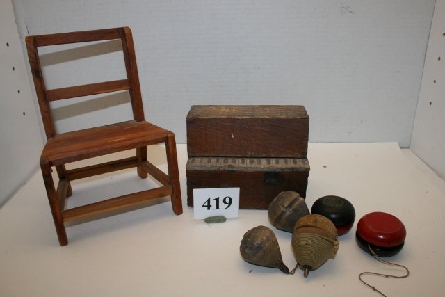 Job Lot of Small wooden doll chair: Job Lot of Small wooden doll chair, wood early Civil War Era Piano, 3 wood tops, 2 yo yo’s