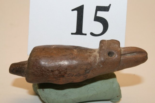 Pre Columbian Clay Bird Effigy Whistle: 2 5/8” Pre Columbian Clay Bird Effigy Whistle, nicely made – loud sounding whistle