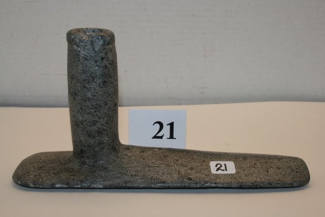 Speckled Steatite Platform Pipe: 9” x 4 5/8” Speckled Steatite Platform Pipe – highly polished providence unknown, several small chips to platform and top of bowl – looks good, age uncertain
