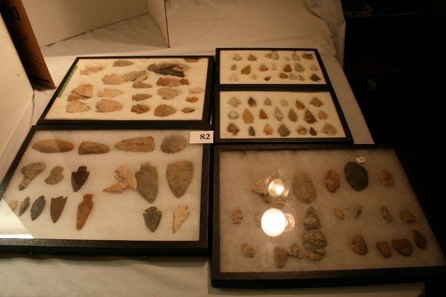 112 Flints: Six Frames Total of 112 Flints – mostly Points, most have info, some Knife River Flint, Various States – largest 4”