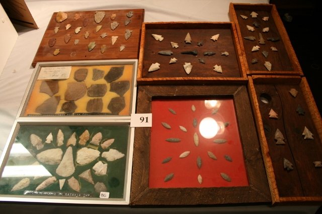 97 Points: Six Frames Total of 97 Points – various states, largest 2 7/8” and a frame of Pottery Shards- found by Adolf Bextram Fox River St. Charles Ill.