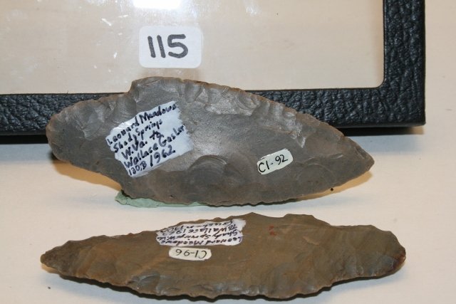 Two Hornstone Adena Points: Two Hornstone Adena Points – both 3 ¾” from Leonard Meadows Coll. To Wallace Gusler 1962