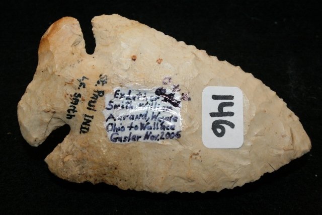 Burlington Chert Thebes Point: 3 5/8” x 2 1/8” Burlington Chert Thebes Point – St.Paul Indiana, Ex. L.C. Smith & Wm. Aurand Coll. Wallace Gusler Coll.