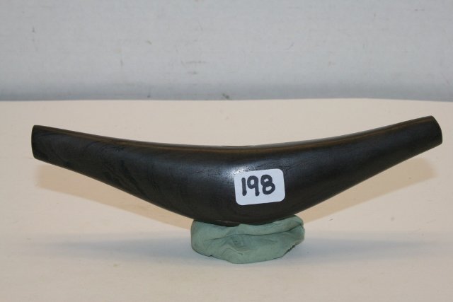 Banded Slate Crescent Bannerstone: 6 3/8” Banded Slate Crescent Bannerstone Highly Polished Possibly Waxed, chip at hole