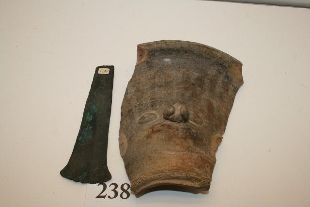 Copper Money: 2 Prehistoric Items: 5 ½” Copper Money, Mexico, 6” Pottery Shard, Guatamala