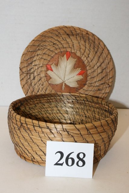 Quilled Lidded Basket: 5 ¾” x 2 ½” Round Pine Needle Quilled Lidded Basket