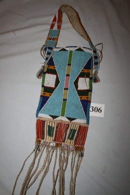 Crow, Mirror Bag: Sale Highlite! 32” OAL Strap plus Bag plus Fringe Drop Beaded Two Sides, Crow, Mirror Bag – Circa 1890- 1900 Finely Beaded, rawhide wrapped Fringe drops, bag is 9” x 6” plus drops and strap ha