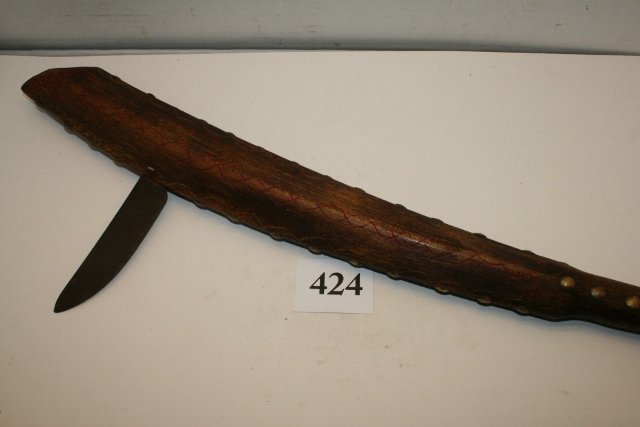 Tacked Beaded War Club: 21 ½” OAL Tacked Beaded War Club, old patina, old knife blade inset - has underwater panther engraved