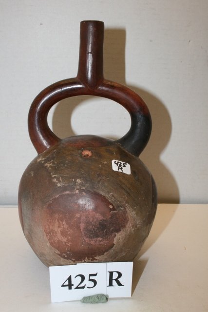 Peruvian Water Bottle: 9 7/8” x 5 3/8” Pottery Ring Spouted Handled Peruvian Water Bottle – restored on sides