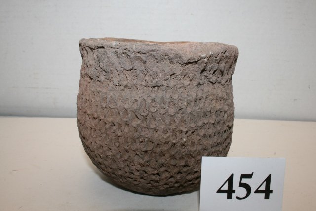 Anasazi – Mogollon Alma Pot: 5 ¾” Anasazi – Mogollon Alma Brown Cord Marked Pot, broken & restored – Ex. Greg Shipley – Jim Strack