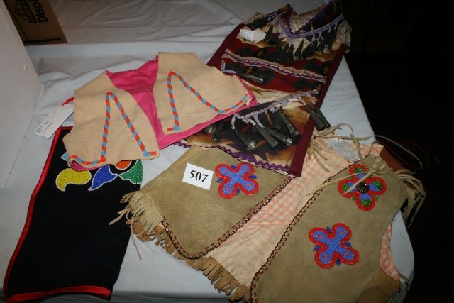 2 Bead Decorated Vests: Lot consisting of 2 Bead Decorated Vests, Beaded Panel, Child’s Blouse with tin cones