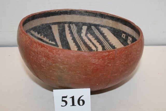 Salado Bowl: 7 ¾” x 4” Salado Bowl, Broken & Glued, minor restoration, black – white on orange exterior