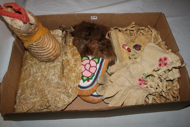 Pair of Beaded Ladies Gloves: Lot consisting of Pair of Beaded Ladies Gloves, Beaded Purse, Pair Beaded Moccasins, large piece of seal gut for making a raincast –all Alaska