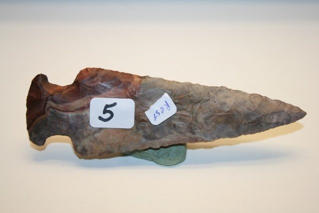 Flint Ridge Hopewell Point: 4 ¾” Colorful Flint Ridge Hopewell Point – ½” of tip restored from the Tim Ponstingle Coll.