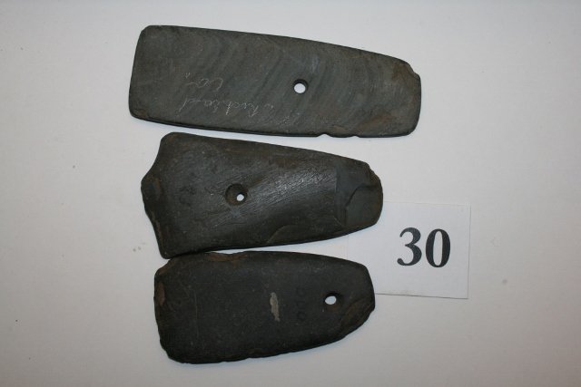 Three Slate pendants: Three Slate pendants – all have damage – largest 4 7/8” – Ohio from the Tim Ponstingle Coll.